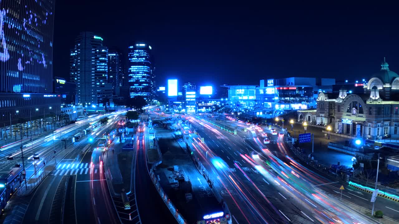 首尔，中区，首尔站，市中心和城市夜景/韩国视频素材