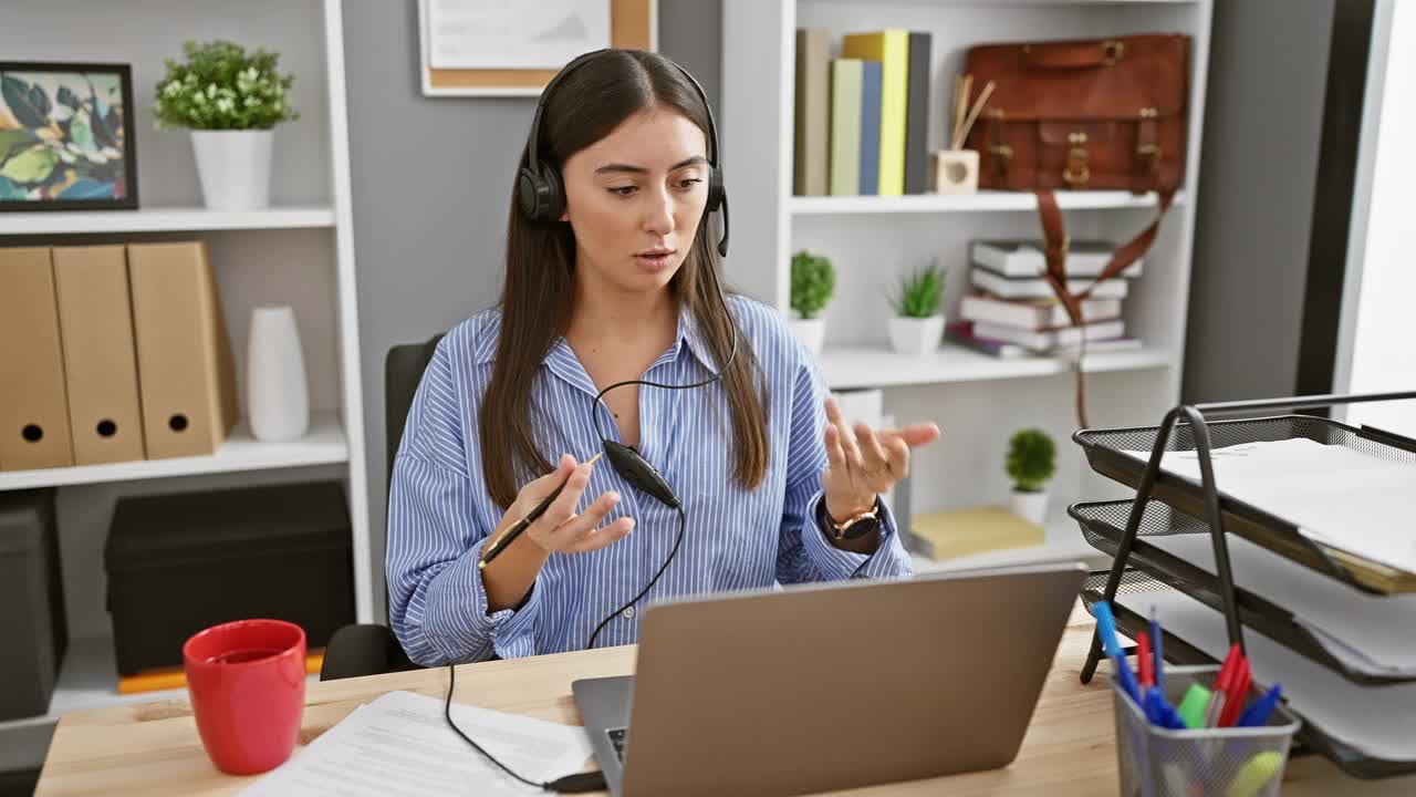 一位专注的西班牙裔妇女戴着耳机在她整洁的办公室里进行网络研讨会。视频素材