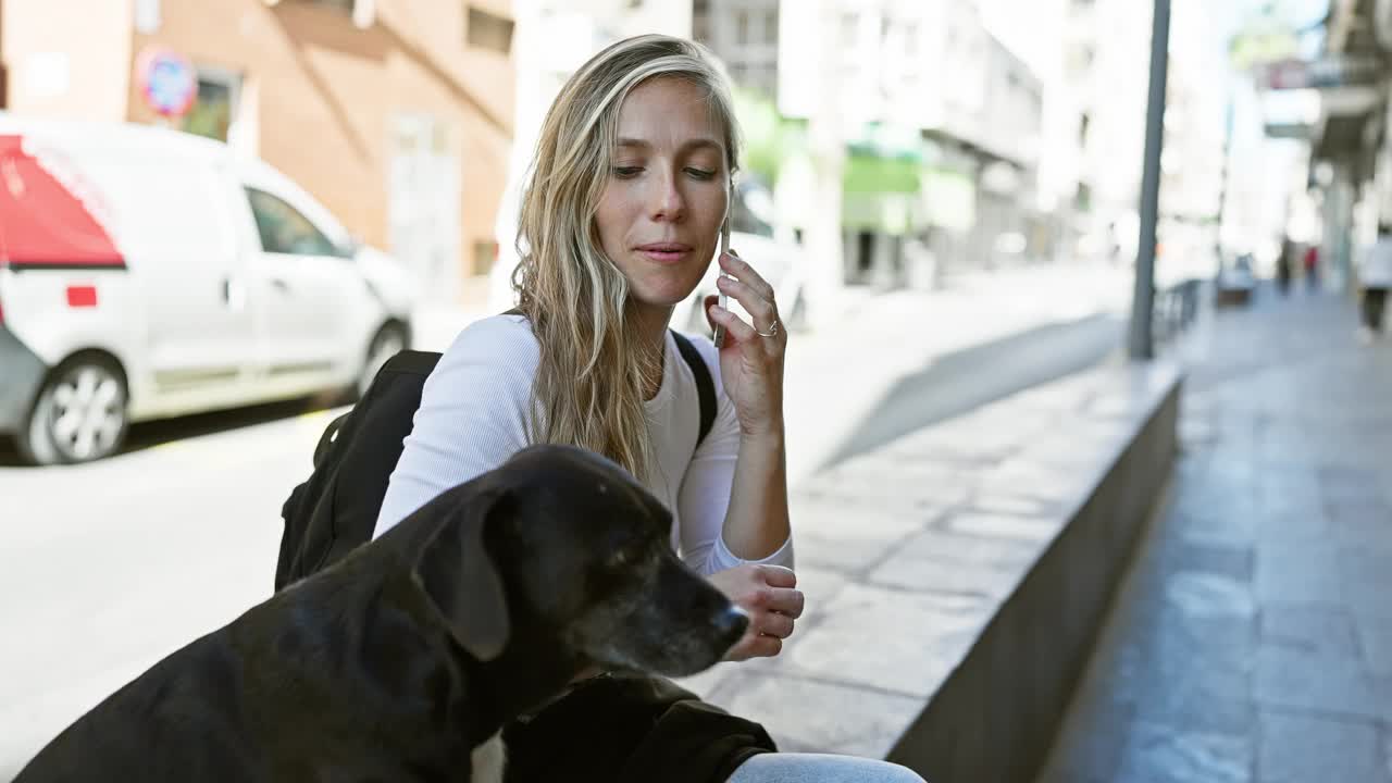 金发女子一边抚摸拉布拉多犬，一边在阳光明媚的城市街道上用智能手机聊天。视频素材