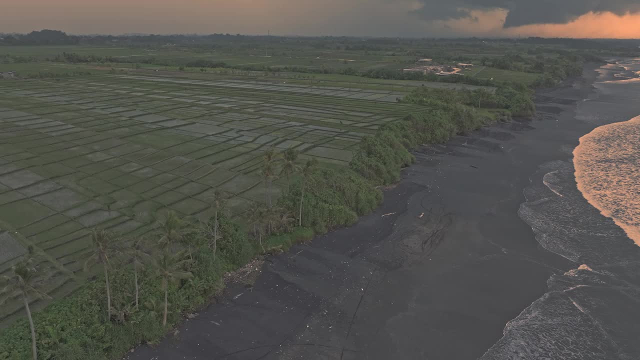 鸟瞰日落时的海滩和棕榈树，印度洋，巴厘岛。视频素材