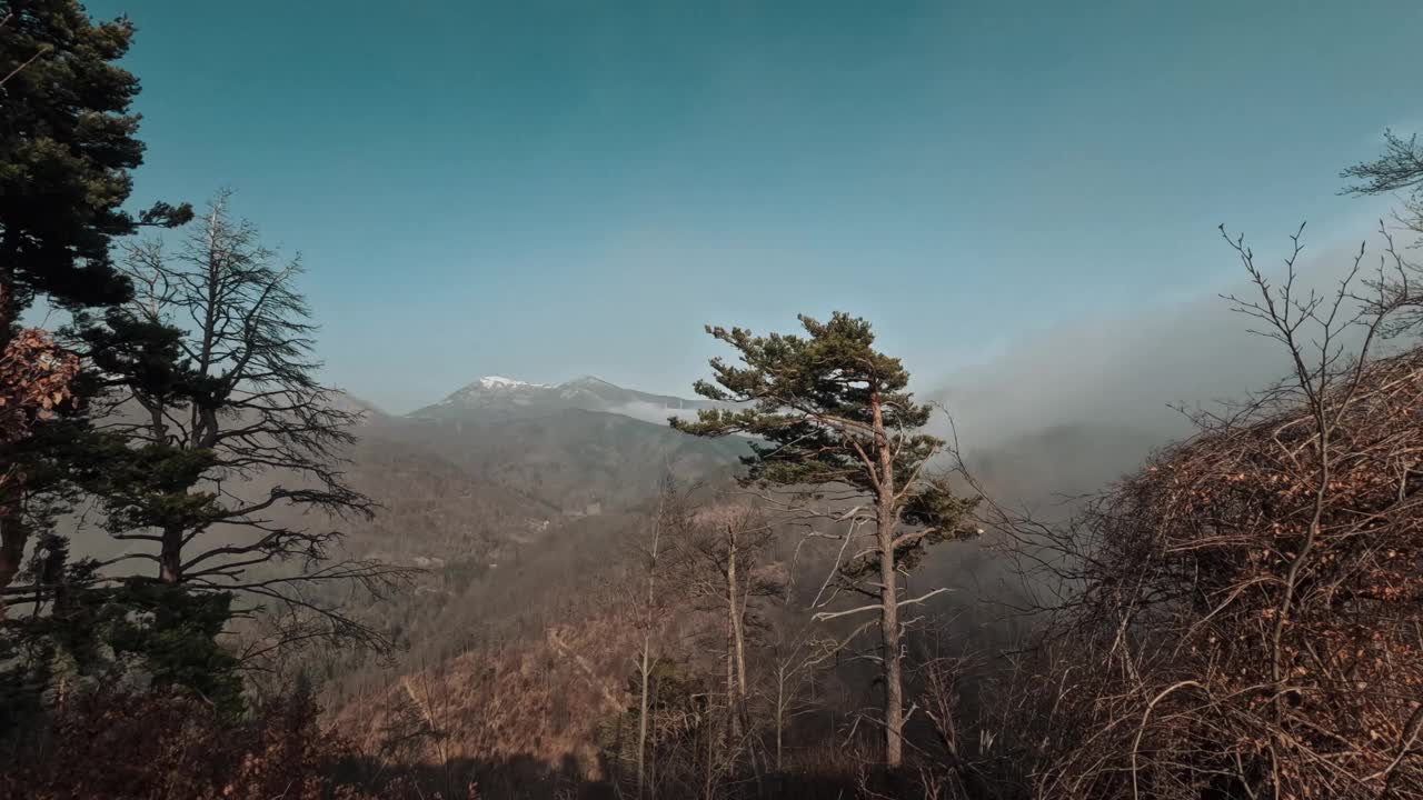 利古里亚阿尔卑斯山脉的一个山谷全景图，雾气从平原升起视频素材