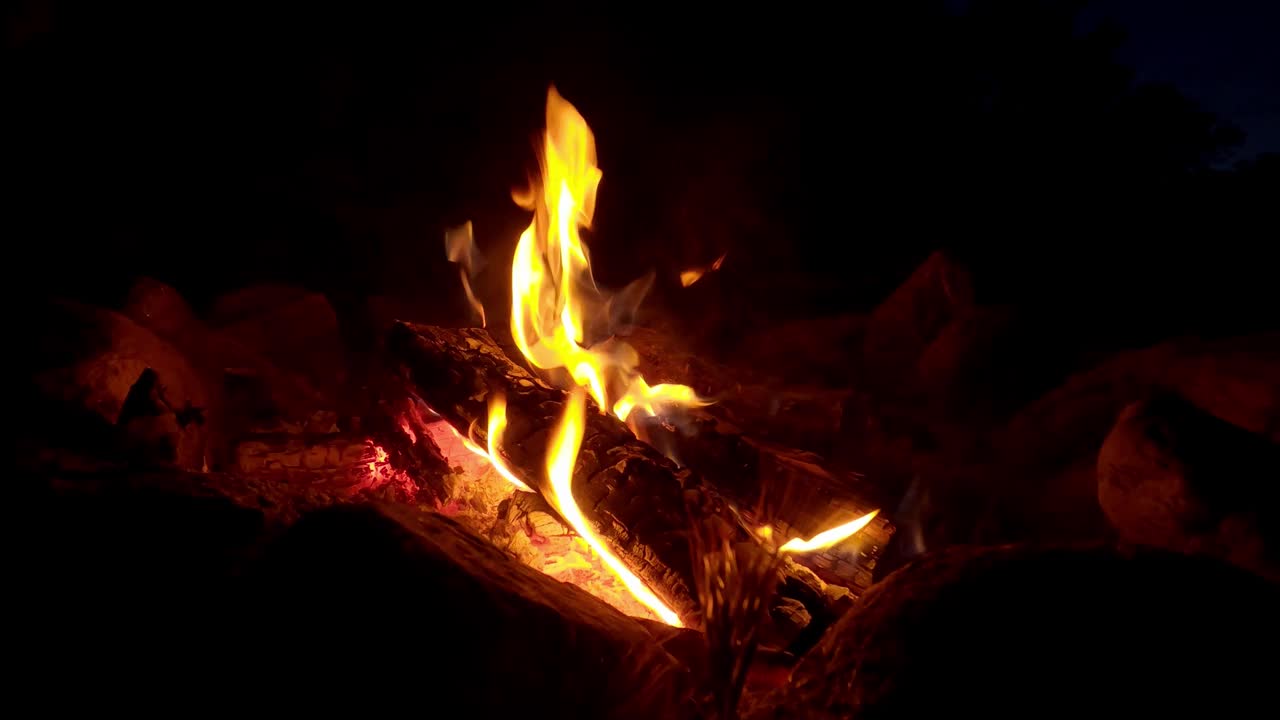 夜间营地里熊熊燃烧的篝火特写视频素材