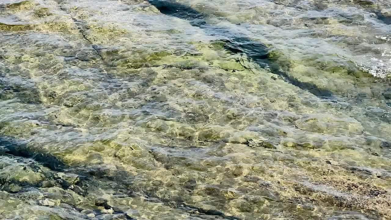 温和的海浪冲刷着鹅卵石沙滩，夏日旅行视频素材