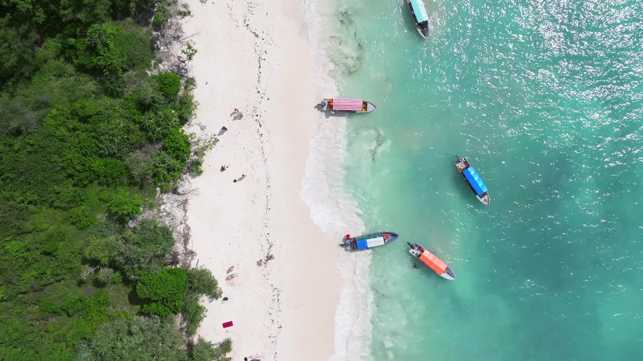 美丽的鸟瞰白色沙滩和绿松石海洋在桑给巴尔在阳光明媚的一天，夏季概念，坦桑尼亚视频素材