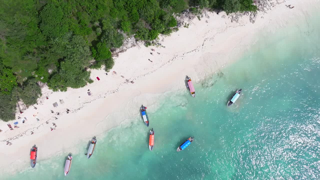 漂亮的无人机拍摄白色沙滩和绿松石海洋在桑给巴尔在阳光明媚的日子视频素材