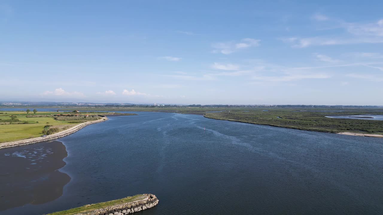 葡萄牙阿威罗，穆尔托萨，Cais do Bico海滩和河口的鸟瞰图视频素材