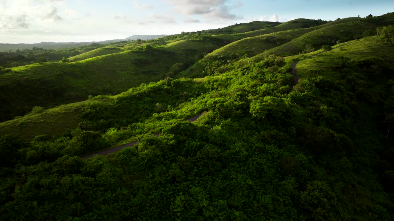 郁郁葱葱、起伏的巴厘岛山丘上覆盖着生机勃勃的绿色植被。空中视频素材