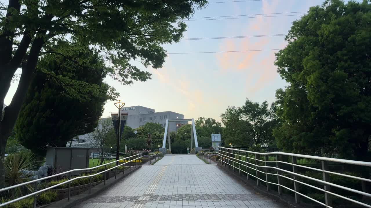 夕阳的色调笼罩着宁静的城市公园，桥和路灯，宁静的夜晚气氛视频素材