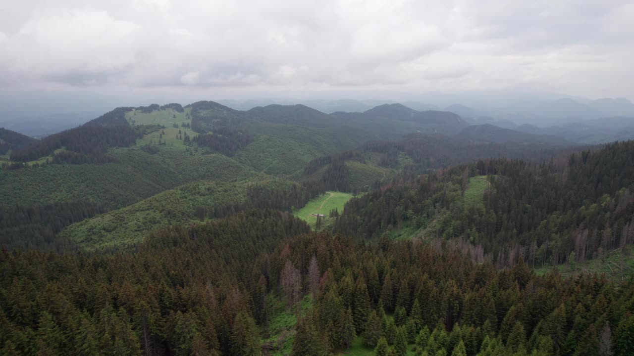 阴天下青山葱郁，森林景观广阔，鸟瞰视频素材