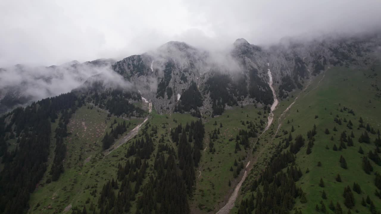 云雾缭绕的山峰在郁郁葱葱的绿色山谷中飘荡，鸟瞰视频素材