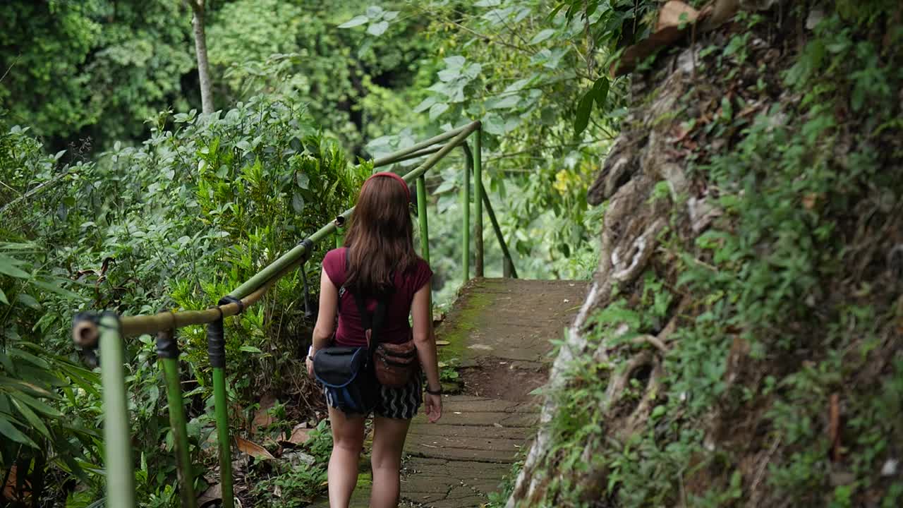 在雨林中走下楼梯的女人视频素材