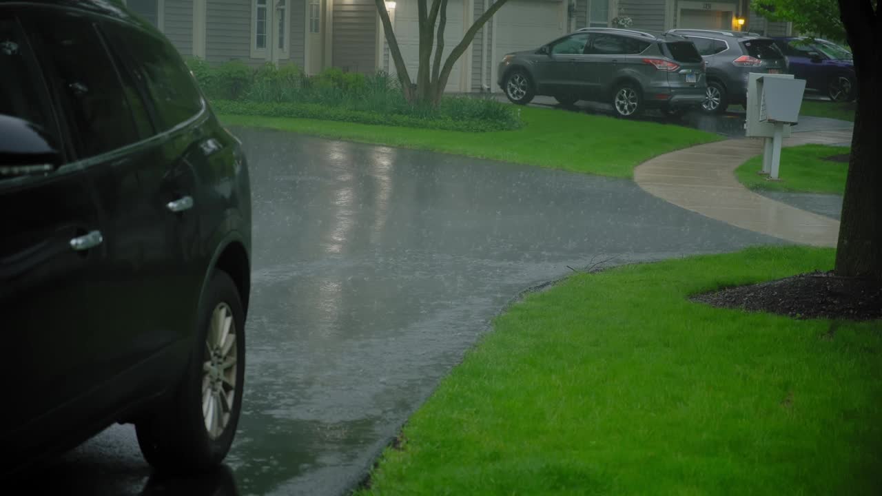 大雨暴雨。雨滴落在停着的汽车上。下雨的一天视频素材