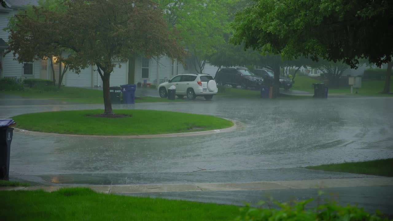 大雨暴雨。雨滴落在郊区的停车场上。视频素材