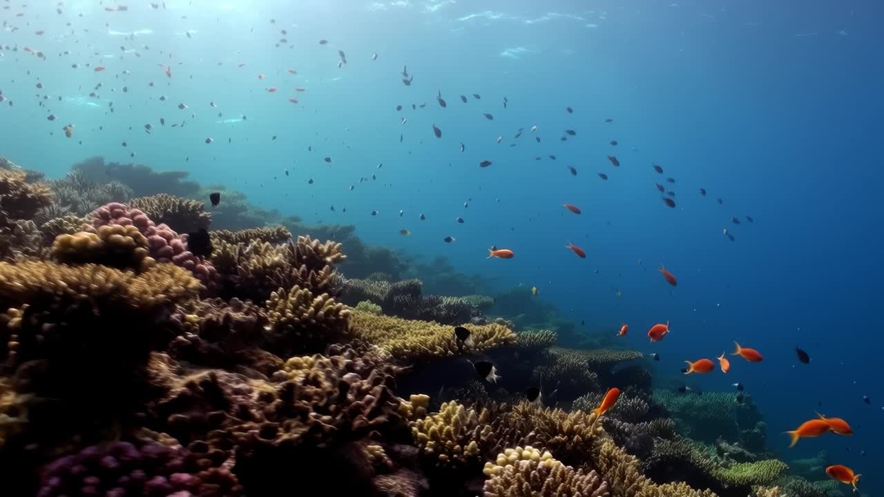 一个美丽的水下场景，大量的鱼游来游去视频素材