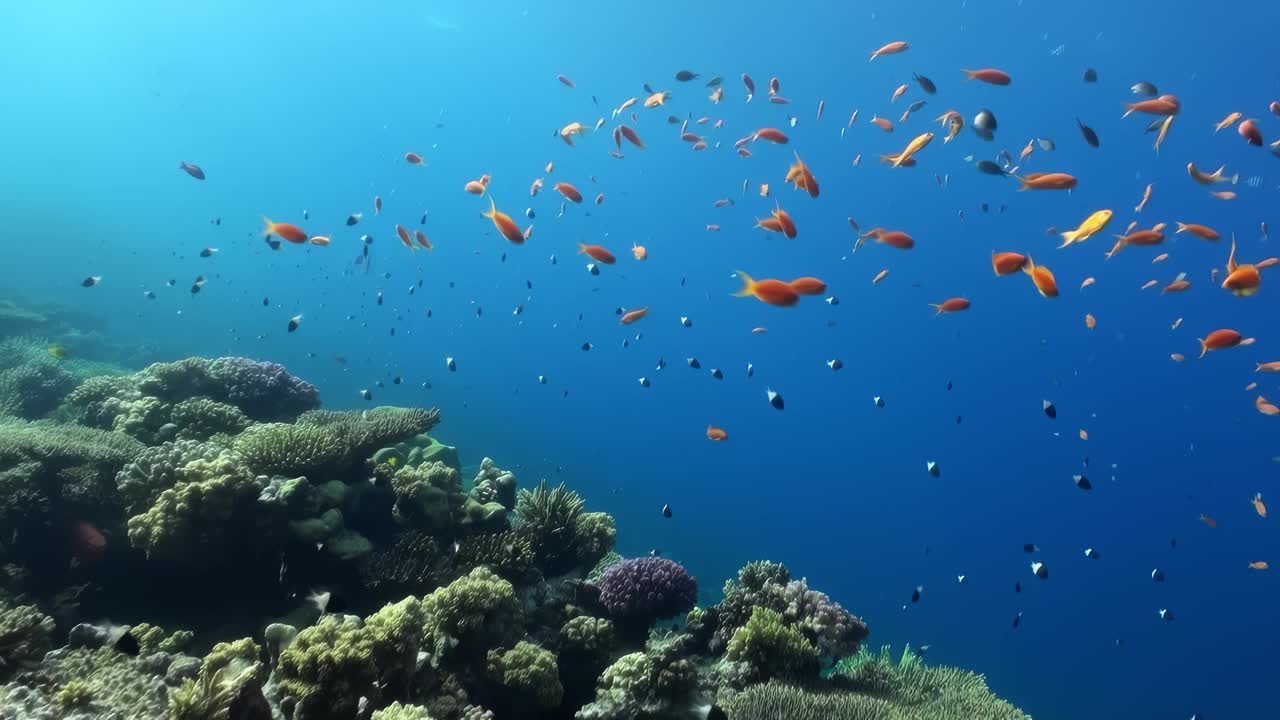 一幅美丽的水下景色，有大量橙色的鱼在周围游动视频素材