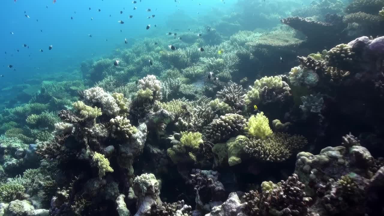 美丽的水下景色，有许多鱼和珊瑚视频素材