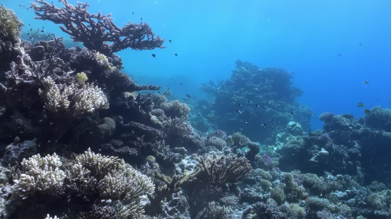 一幅美丽的水下景色，有大量橙色的鱼在周围游动视频素材