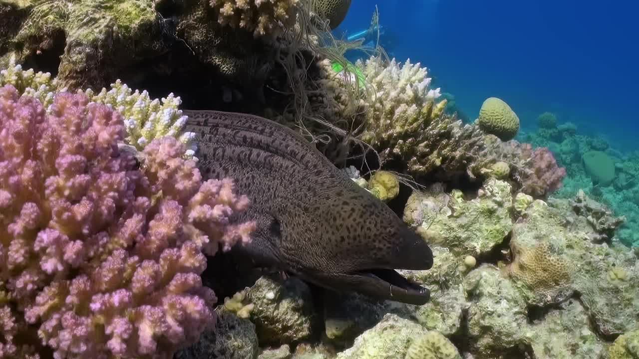 海鳗在白天探索珊瑚礁视频素材