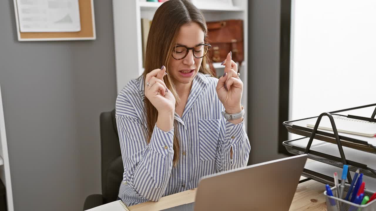 一位满怀希望的女商人坐在办公桌前交叉手指，然后高兴地庆祝她的成功。视频素材