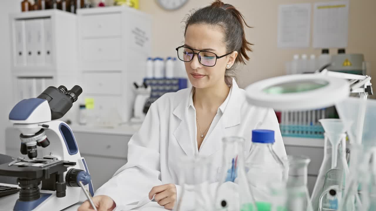 年轻漂亮的西班牙女人在实验室里头痛。穿着制服的科学家，因为偏头痛在室内压力山大视频素材