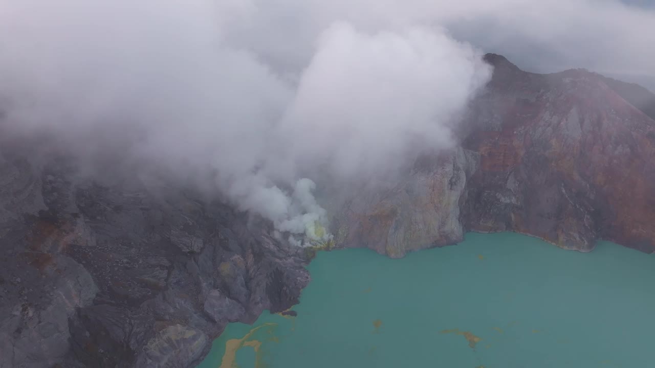 鸟瞰火山口和硫磺湖，爪哇，印度尼西亚。视频素材