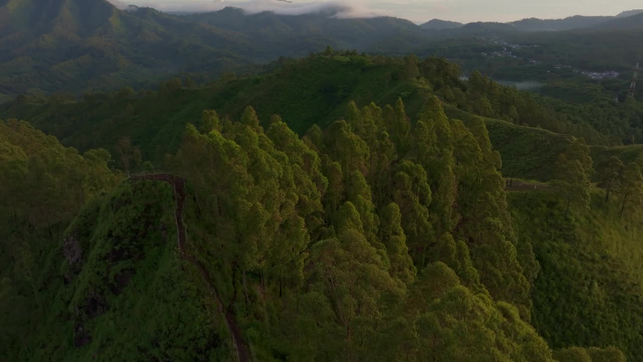 鸟瞰郁郁葱葱的绿色植物和活跃的火山，弗洛雷斯，印度尼西亚。视频素材