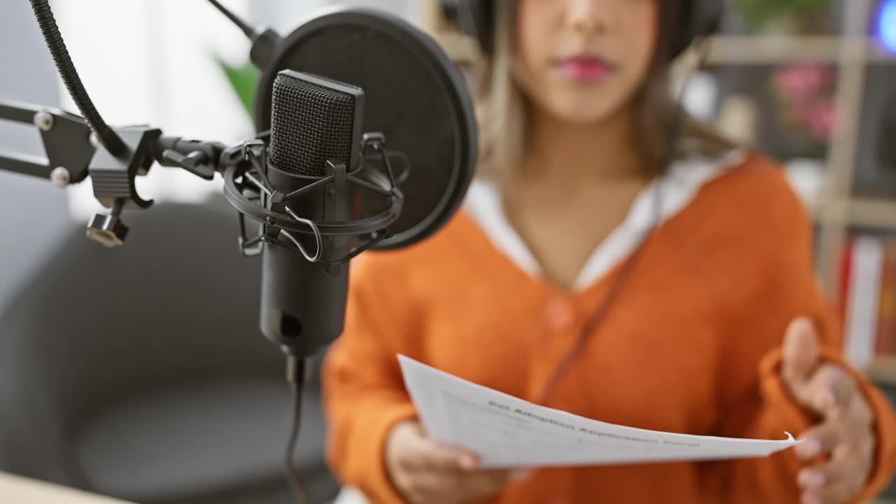 一名年轻的西班牙裔女子在现代广播演播室的播客录音环节中朗读剧本视频素材