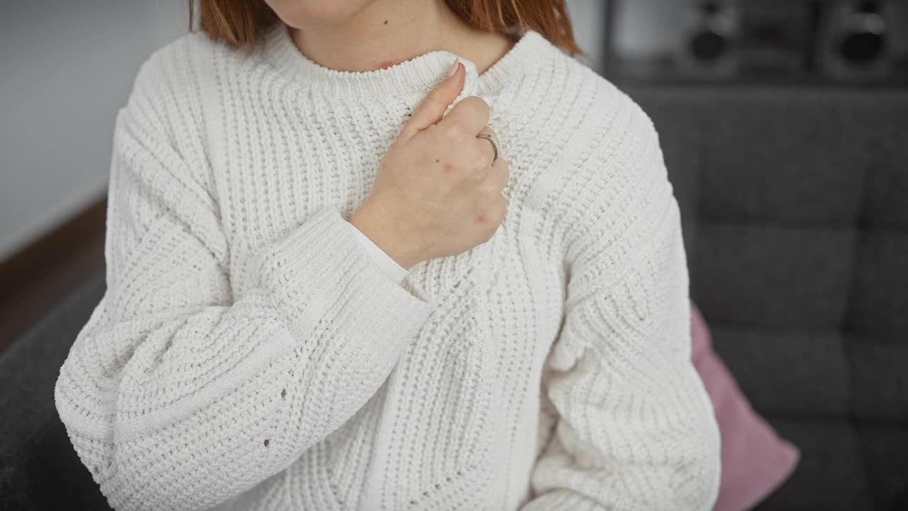 一名穿着白色毛衣的白人妇女随意地坐在家里，手放在胸前。视频素材