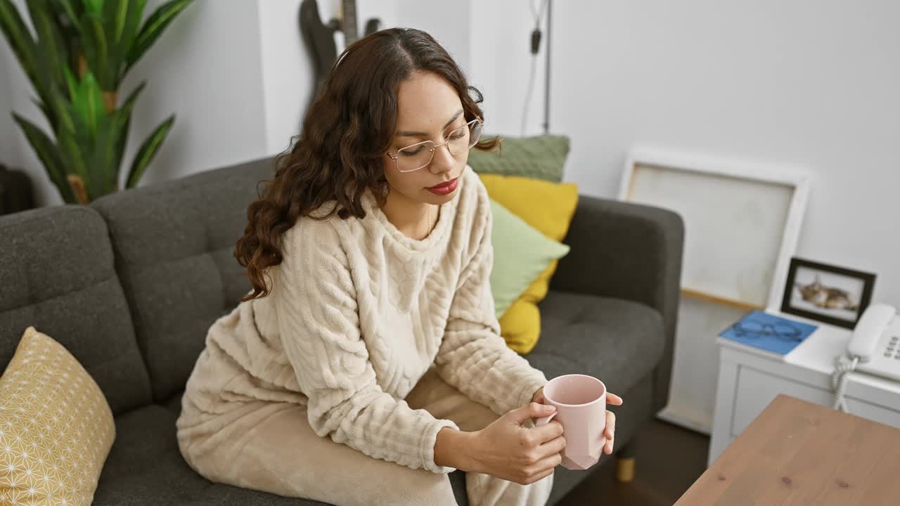 在一间现代化的客厅里，一位穿着舒适、戴着眼镜、体贴的年轻女子端着杯子坐在沙发上。视频素材