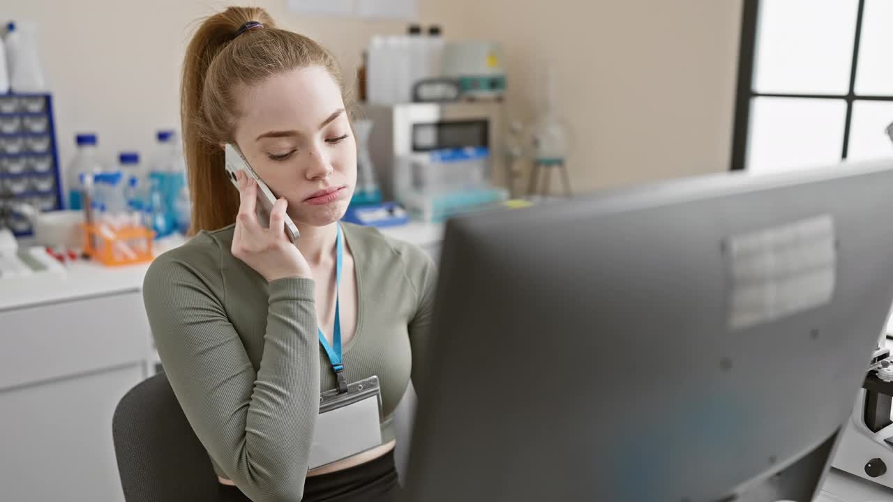 一个压力很大的年轻金发女人在实验室里一边用智能手机一边在诊所的电脑前工作。视频素材