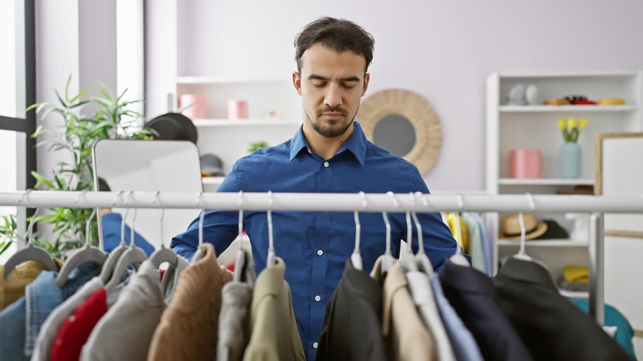 一位英俊、专注的西班牙裔男子在一间明亮的衣橱里挑选衣服。视频素材