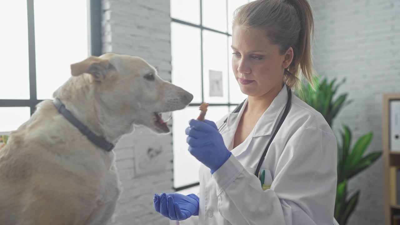 一位年轻的女兽医在明亮的诊所里检查一只拉布拉多犬，展现了她的健康和专业精神。视频素材