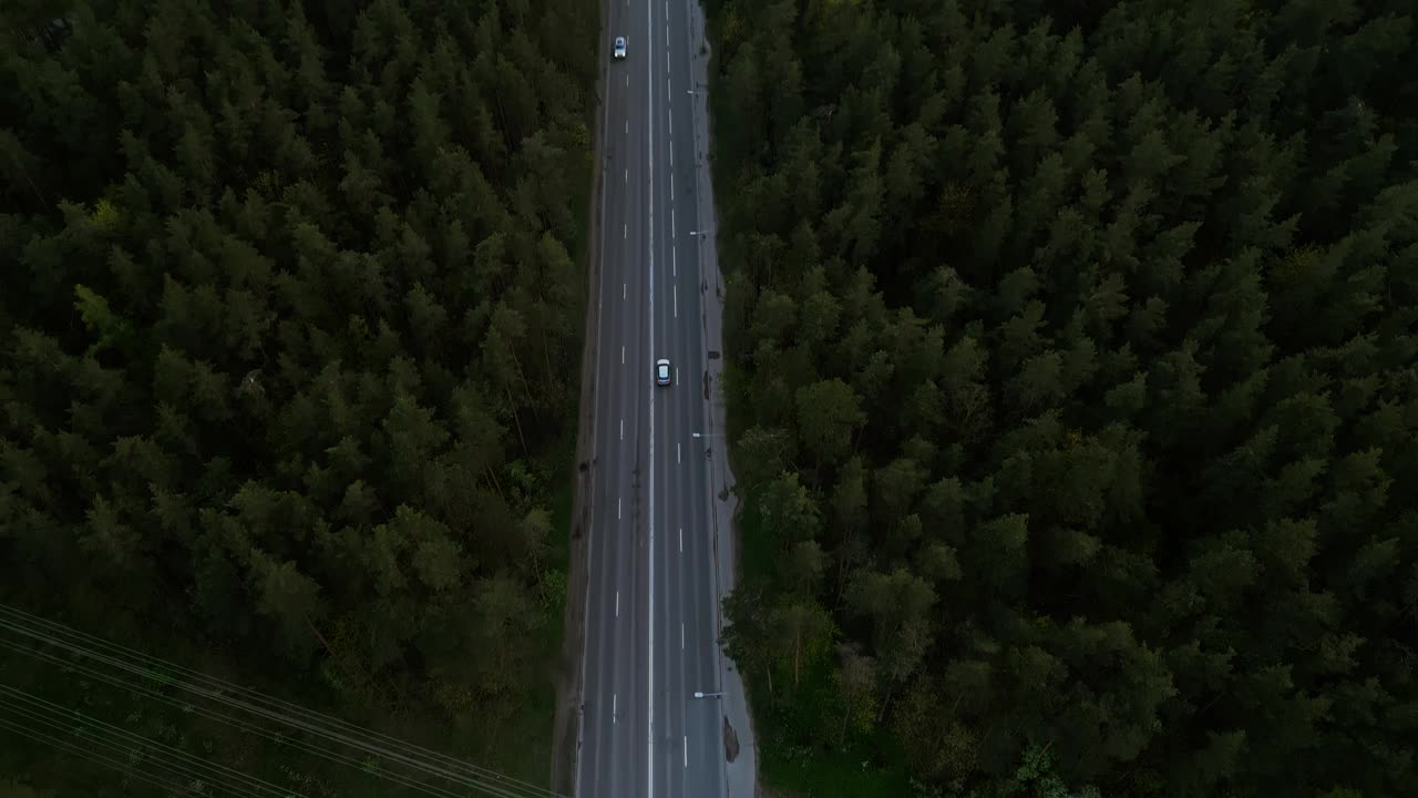 航拍图像显示两辆汽车在森林道路上，突出了自然之美和宁静的气氛视频素材