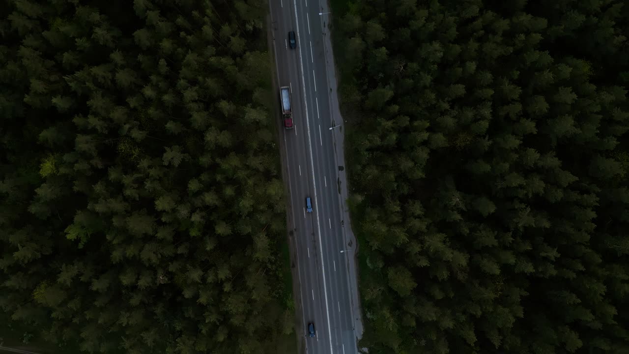 夜景鸟瞰图，汽车行驶在森林道路上，提供宁静的自然旅行体验视频素材