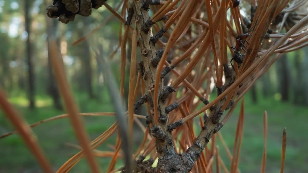 松枝上的巨蚁与森林散景视频素材