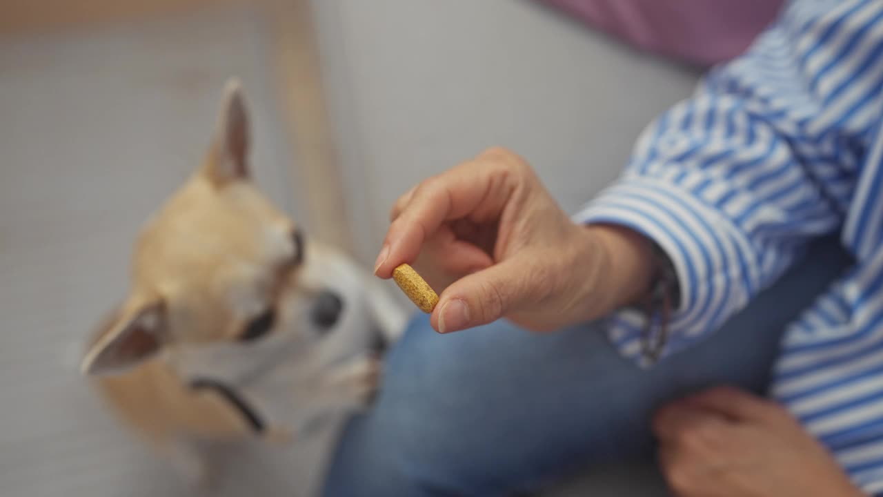 一位中年妇女在一个舒适的家庭环境中给她的吉娃娃宠物喂食。视频素材