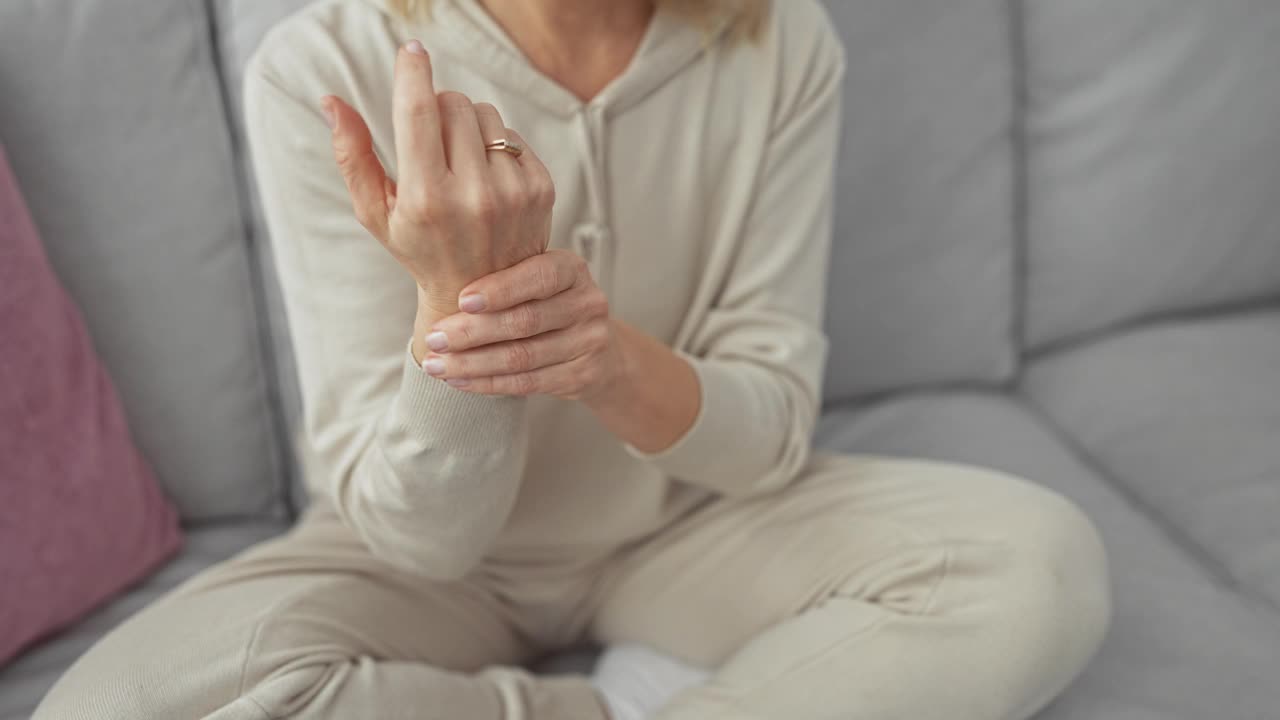 一个年轻的金发女子坐在家里的灰色沙发上，痛苦地抓着自己的手。视频素材