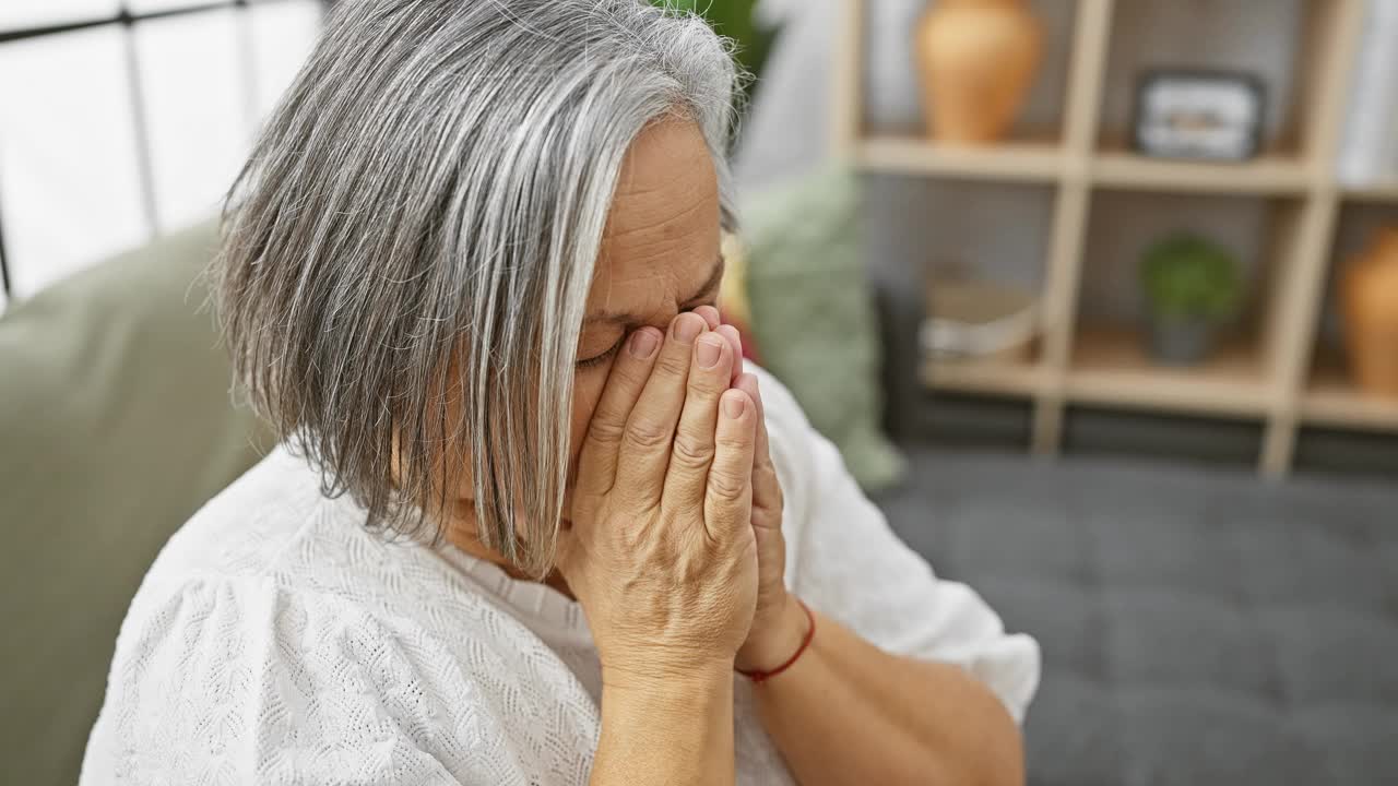 白发苍苍的老年妇女在家里捂着鼻子，表示不舒服或生病。视频素材