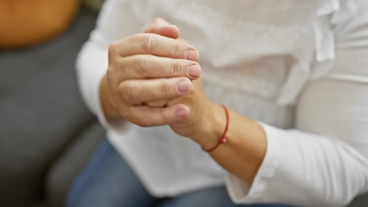 一位关节疼痛的中年妇女坐在室内的沙发上，用红绳手镯握着她布满皱纹的双手。视频素材