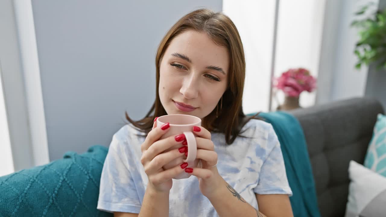 一个放松的女人在沙发上享受着热饮，唤起室内舒适、家常的气氛。视频素材