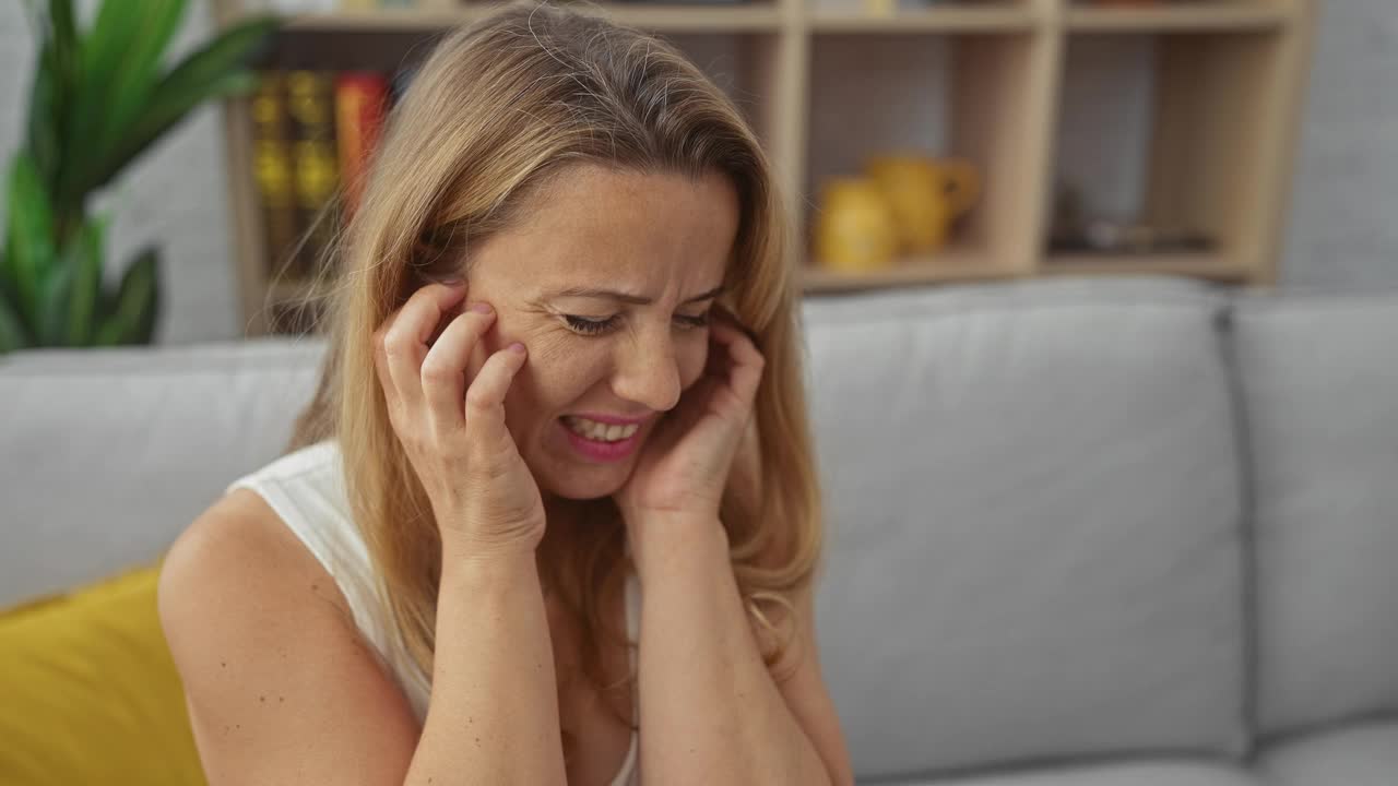 一位年轻的金发白人女性看起来很苦恼，坐在客厅里抚摸着自己的脖子和头。视频素材