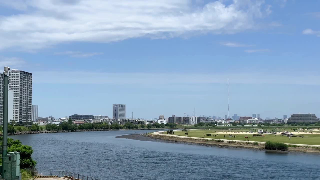 在一个阳光明媚的日子里，一座城市在河对岸的天际线景观，前景是一片草地视频素材