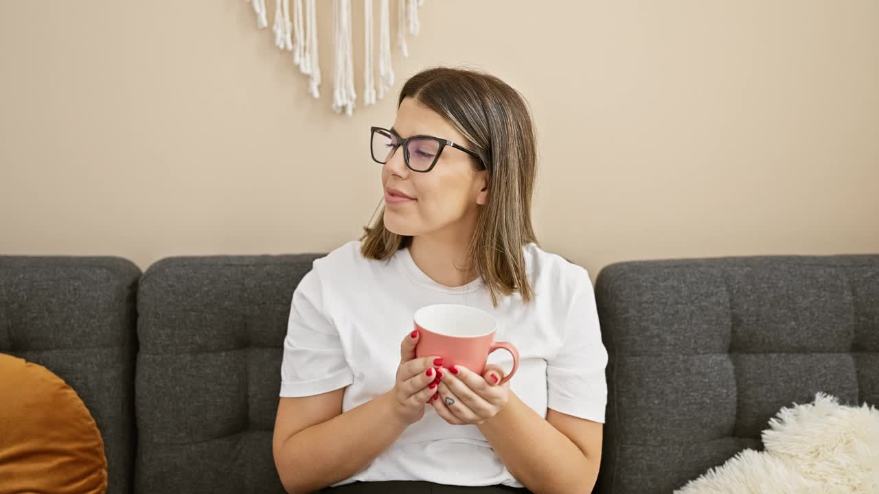 一位沉思的西班牙妇女在她舒适的客厅里享受着一杯咖啡。视频素材