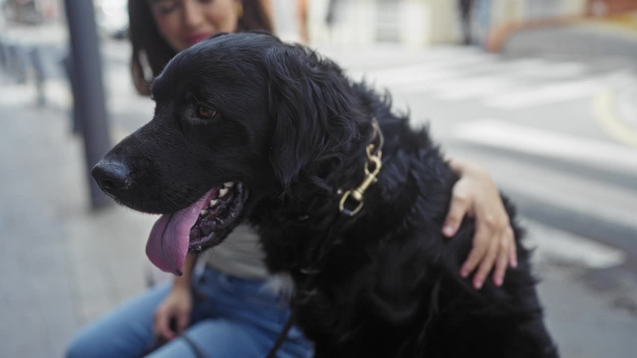 年轻漂亮的女人和一只拉布拉多犬在城市的街道上，暗示着一个活泼，户外和友好的氛围。视频素材