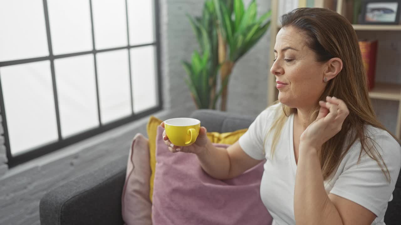 一个放松的女人拿着杯子坐在沙发上，在一个现代客厅视频素材