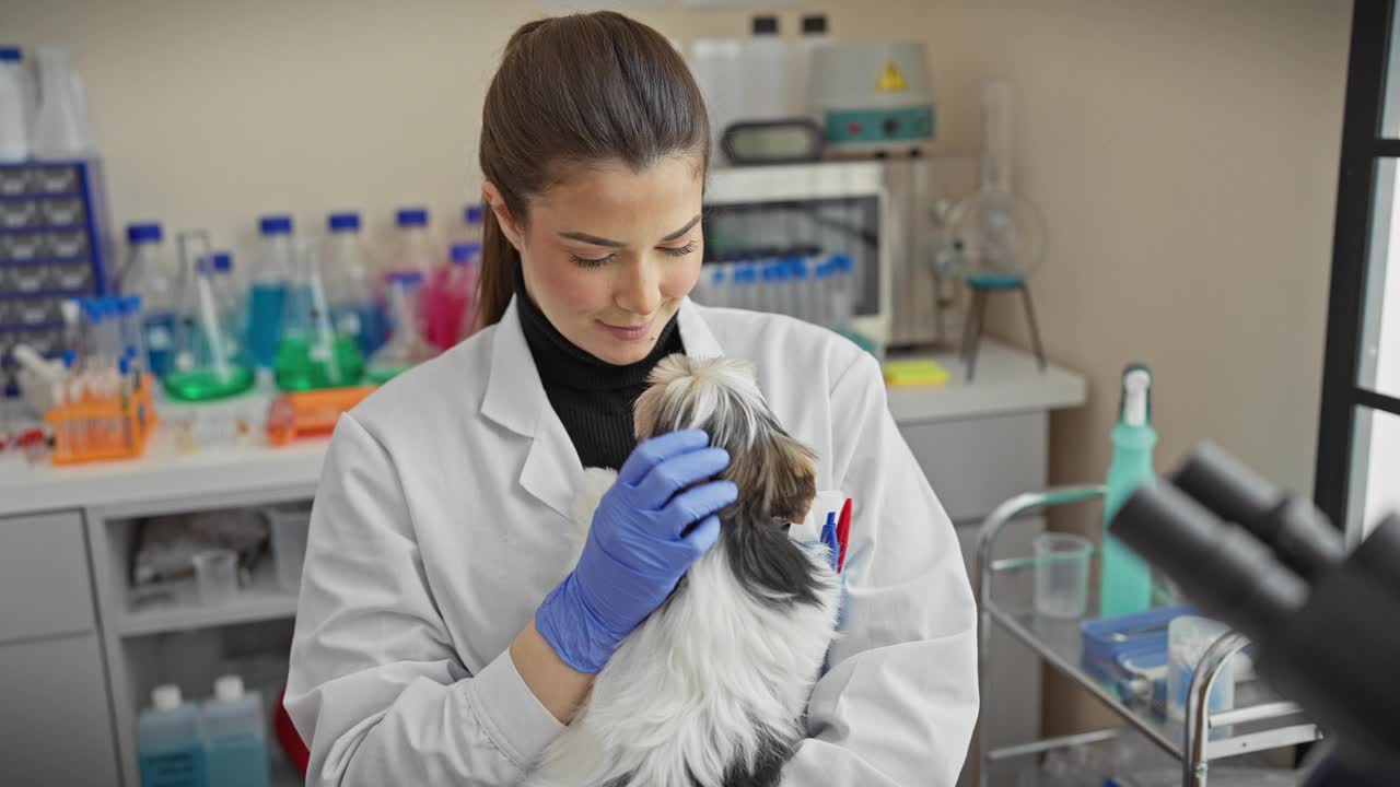 一位女兽医在实验室环境中检查一只小猎犬，唤起关怀和专业精神。视频素材