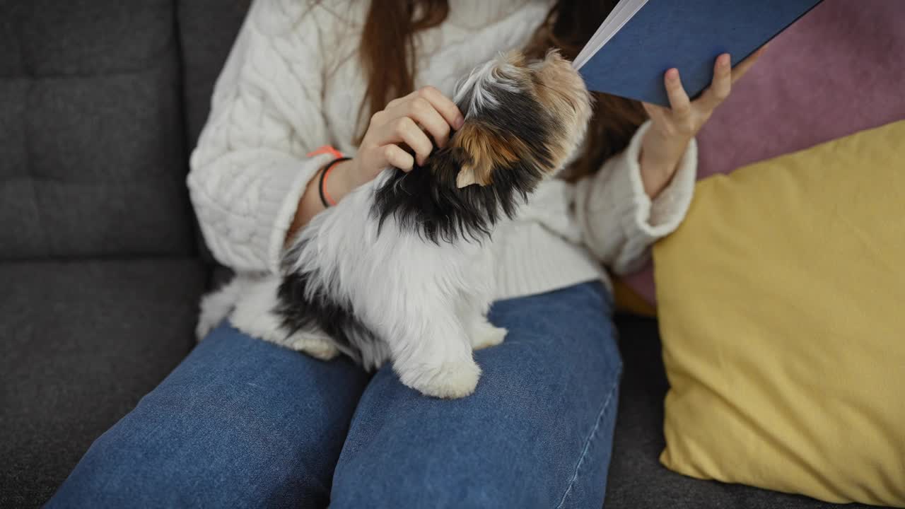 一个穿着舒适毛衣的女人坐在沙发上，在一只比维尔梗旁边看书，沙发上放着五颜六色的枕头。视频素材