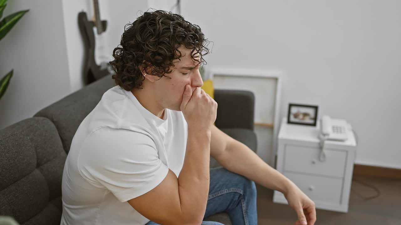 年轻的西班牙卷发男子感觉不舒服，坐在家里的灰色沙发上，不适地摸着自己的脖子。视频素材