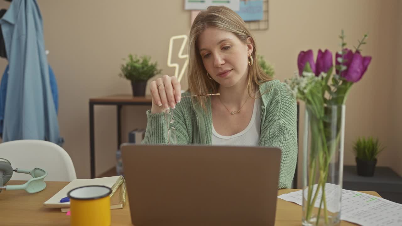 在一间现代家庭办公室里，一位沉思的年轻女子坐在桌子前，手里拿着一台笔记本电脑，周围是植物和随意的装饰。视频素材