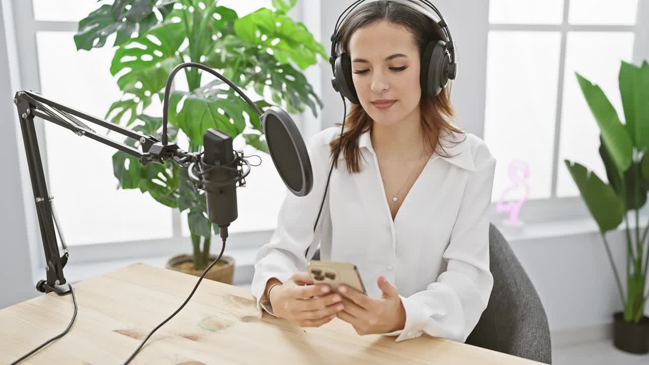 一名年轻女子拿着智能手机，在一个充满植物的室内工作室里用麦克风录制播客。视频素材